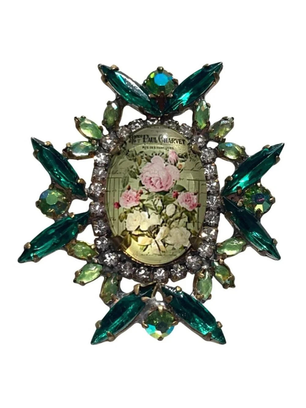 Vintage Czech Paul Charvet Floral Glass Brooch With Emerald Green Rhinestones Pi